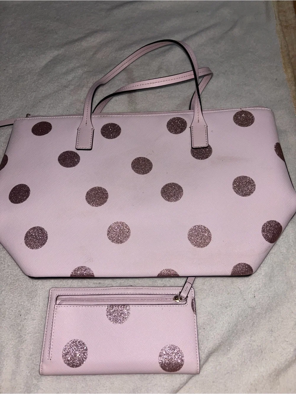 kate spade Pink Tote with Rose Gold Glitter Polka Dots and Matching Wallet